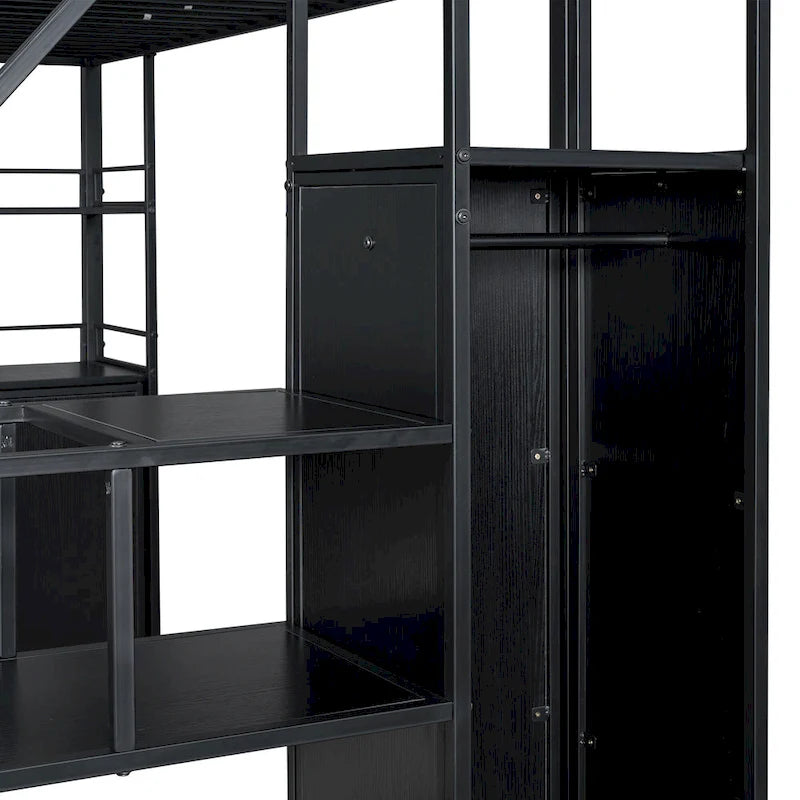Full Size Metal Loft Bed with Storage Staircase and Wardrobe, Shelves