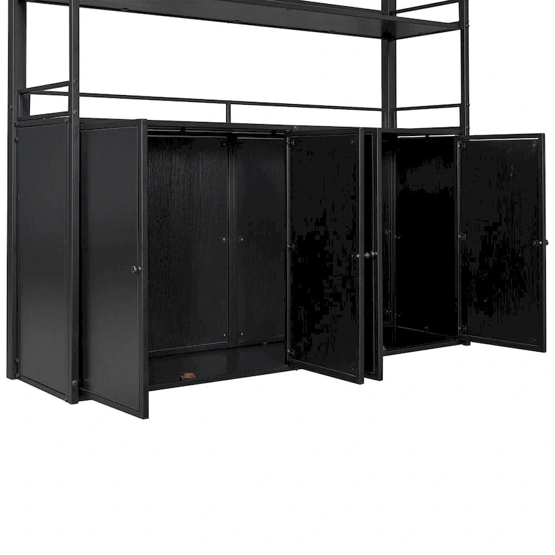 Full Size Metal Loft Bed with Storage Staircase and Wardrobe, Shelves
