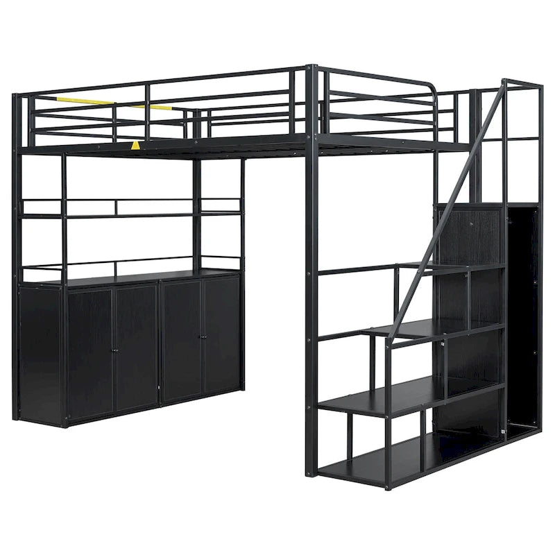 Full Size Metal Loft Bed with Storage Staircase and Wardrobe, Shelves