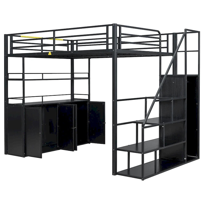 Full Size Metal Loft Bed with Storage Staircase and Wardrobe, Shelves