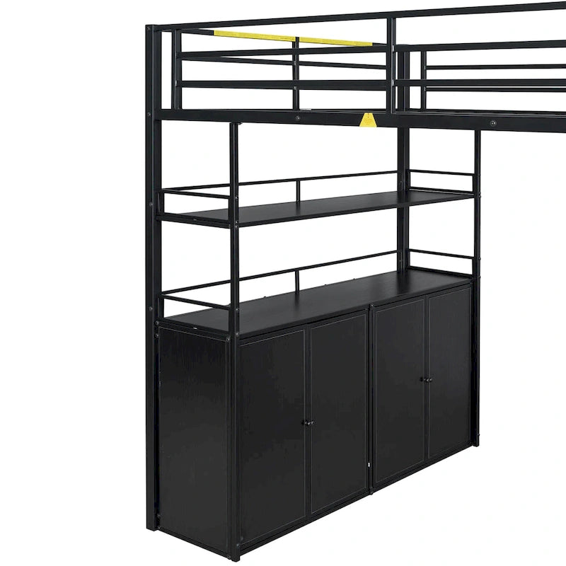 Full Size Metal Loft Bed with Storage Staircase and Wardrobe, Shelves