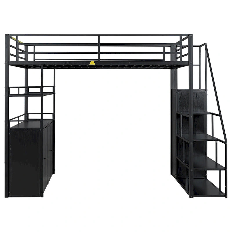Full Size Metal Loft Bed with Storage Staircase and Wardrobe, Shelves