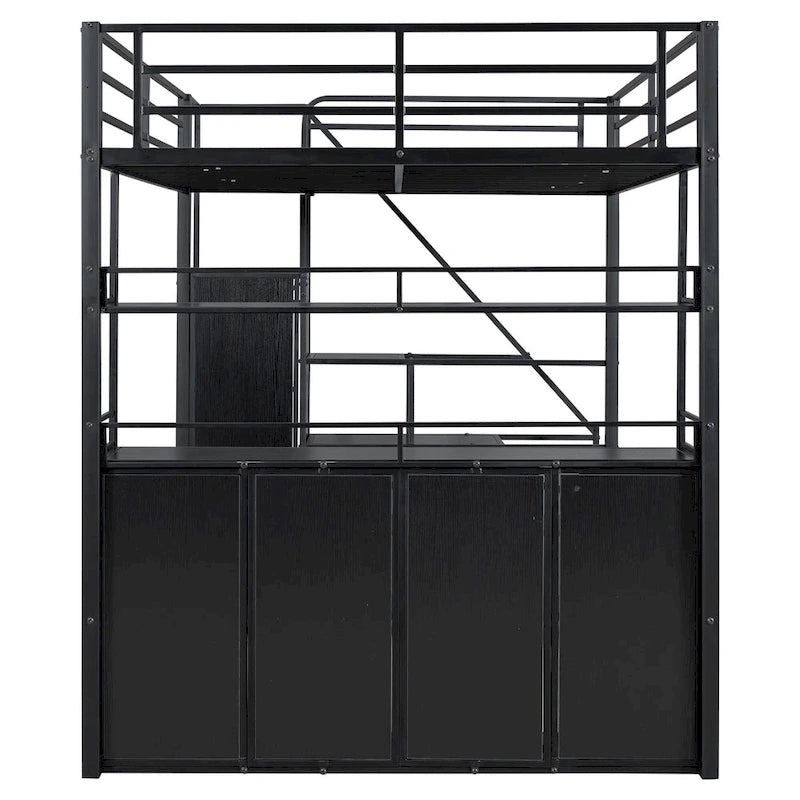 Full Size Metal Loft Bed with Storage Staircase and Wardrobe, Shelves