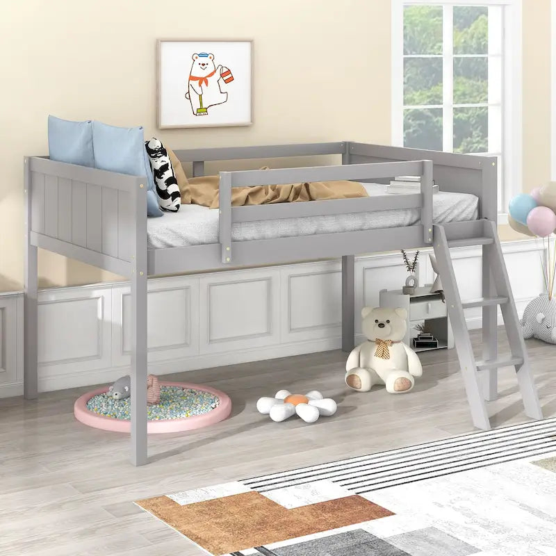 Loft Bed Twin Size Solid Wood Low Loft Bed w/Guard Rail and Ladder