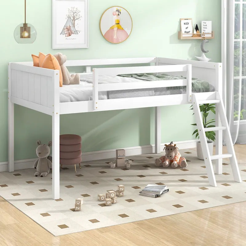 Loft Bed Twin Size Solid Wood Low Loft Bed w/Guard Rail and Ladder