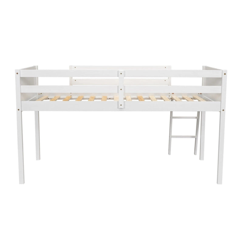 Loft Bed Twin Size Solid Wood Low Loft Bed w/Guard Rail and Ladder