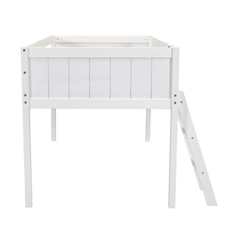 Loft Bed Twin Size Solid Wood Low Loft Bed w/Guard Rail and Ladder