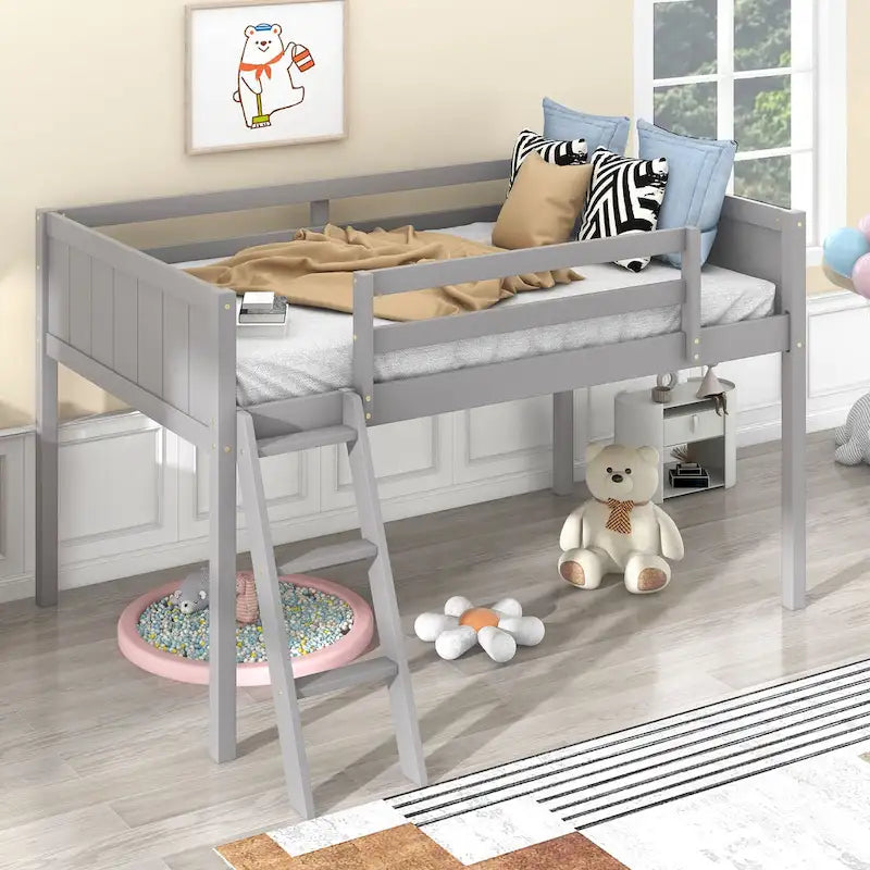 Loft Bed Twin Size Solid Wood Low Loft Bed w/Guard Rail and Ladder