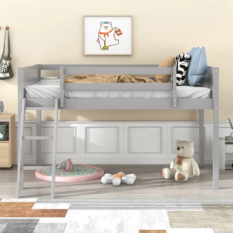 Loft Bed Twin Size Solid Wood Low Loft Bed w/Guard Rail and Ladder