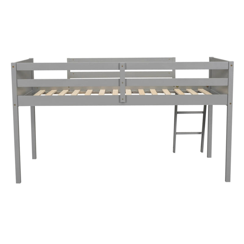 Loft Bed Twin Size Solid Wood Low Loft Bed w/Guard Rail and Ladder