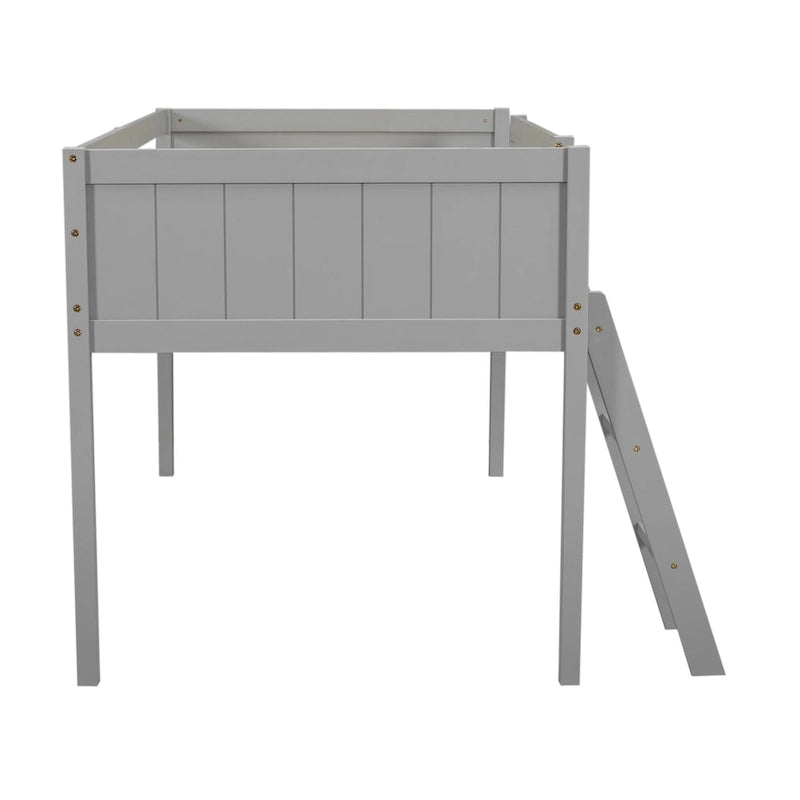 Loft Bed Twin Size Solid Wood Low Loft Bed w/Guard Rail and Ladder