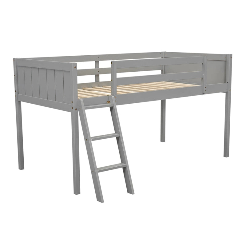 Loft Bed Twin Size Solid Wood Low Loft Bed w/Guard Rail and Ladder