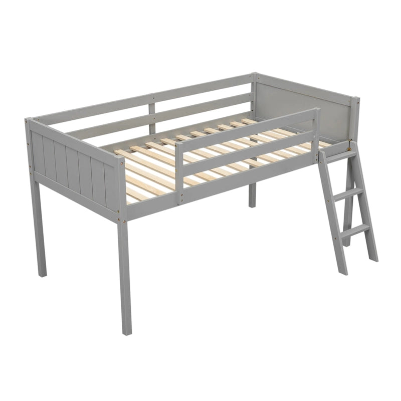 Loft Bed Twin Size Solid Wood Low Loft Bed w/Guard Rail and Ladder