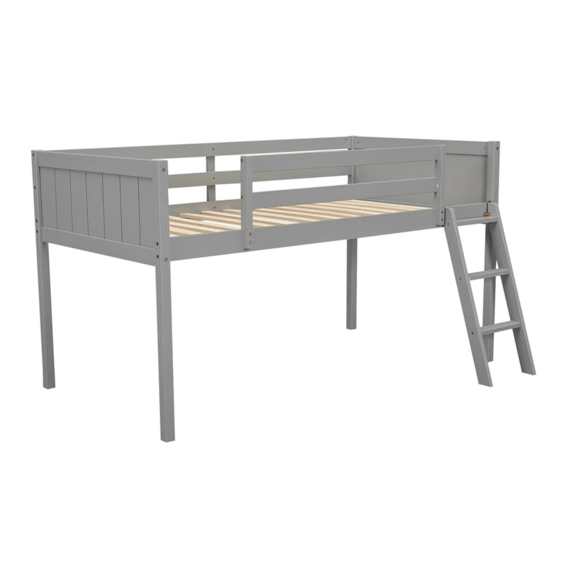 Loft Bed Twin Size Solid Wood Low Loft Bed w/Guard Rail and Ladder
