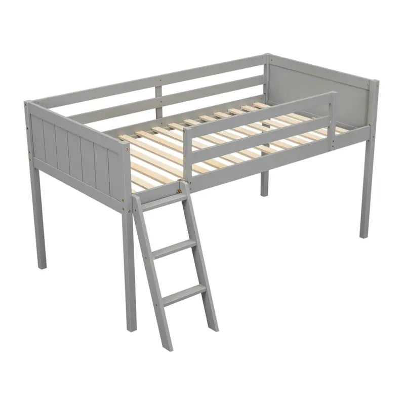 Loft Bed Twin Size Solid Wood Low Loft Bed w/Guard Rail and Ladder