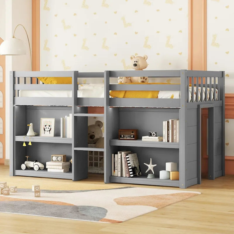 Twin Size Kid Low Loft Bed with Two-Tier Shelves and LED Light