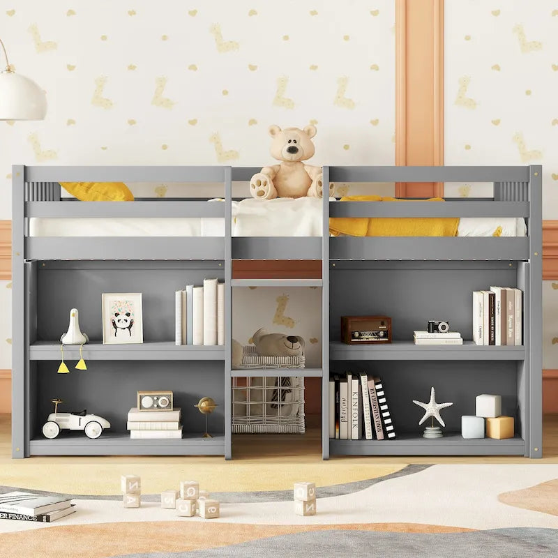 Twin Size Kid Low Loft Bed with Two-Tier Shelves and LED Light