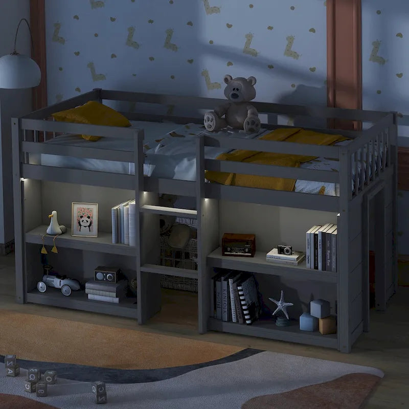 Twin Size Kid Low Loft Bed with Two-Tier Shelves and LED Light