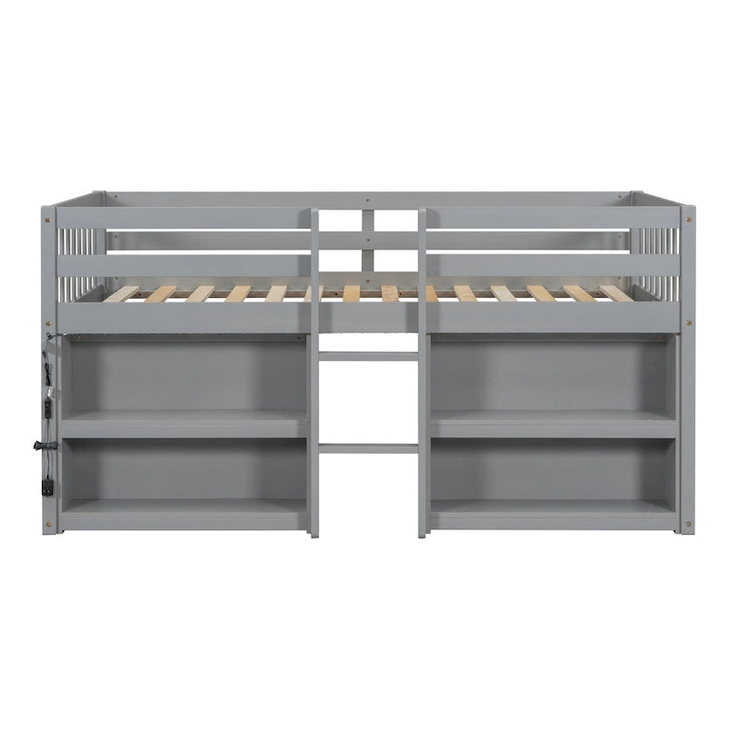 Twin Size Kid Low Loft Bed with Two-Tier Shelves and LED Light