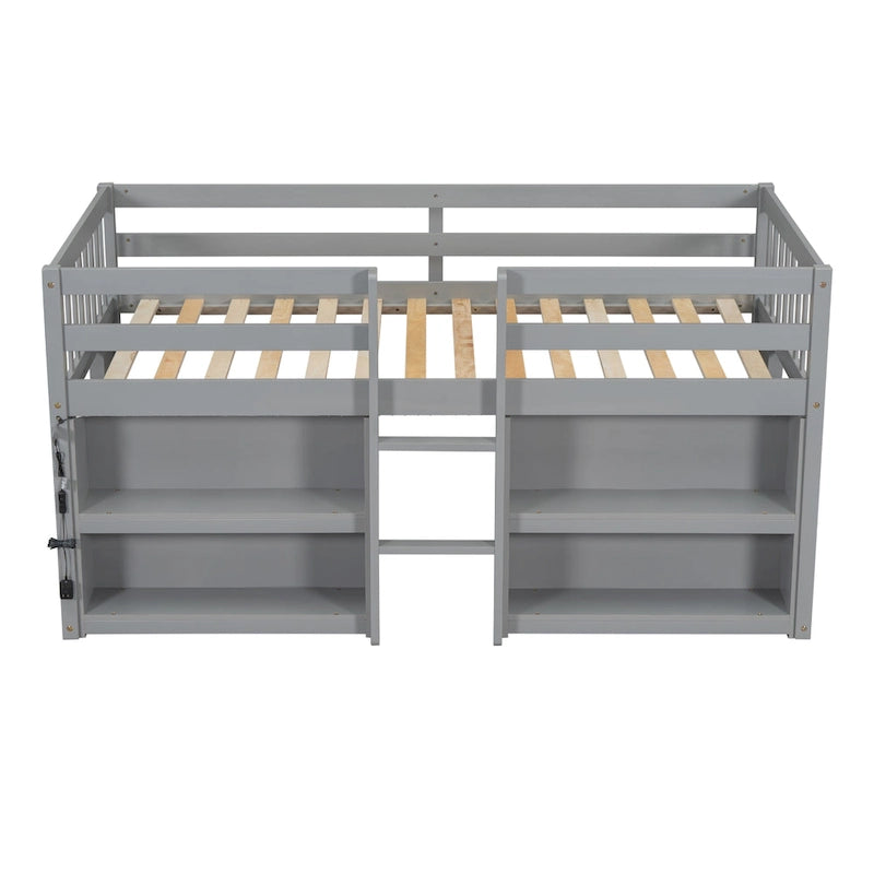 Twin Size Kid Low Loft Bed with Two-Tier Shelves and LED Light
