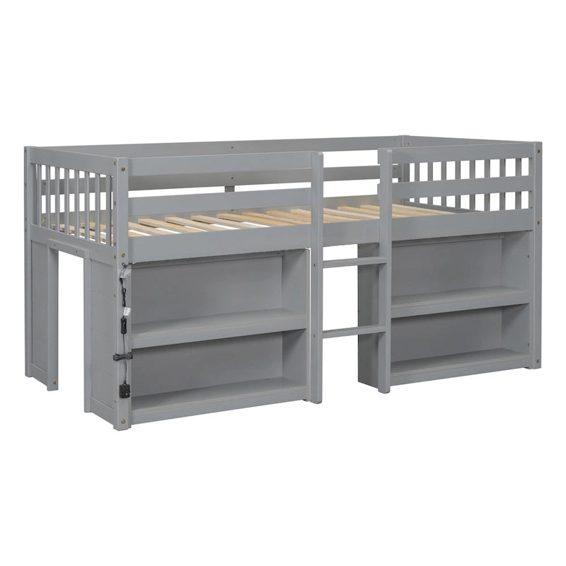Twin Size Kid Low Loft Bed with Two-Tier Shelves and LED Light