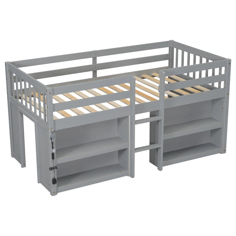 Twin Size Kid Low Loft Bed with Two-Tier Shelves and LED Light