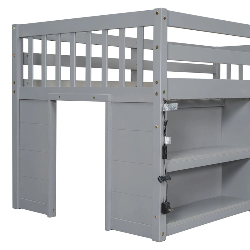 Twin Size Kid Low Loft Bed with Two-Tier Shelves and LED Light