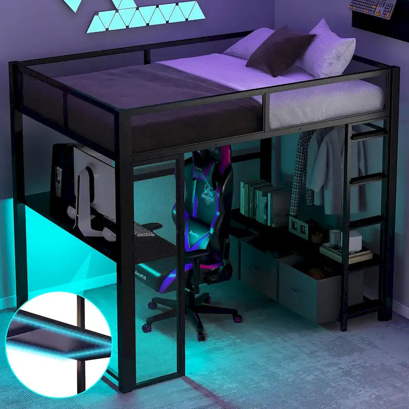 Full Size Metal Gaming Loft Bed with 16-Color LED, Study Desk & 3 Storage Drawers (400lb Capacity)
