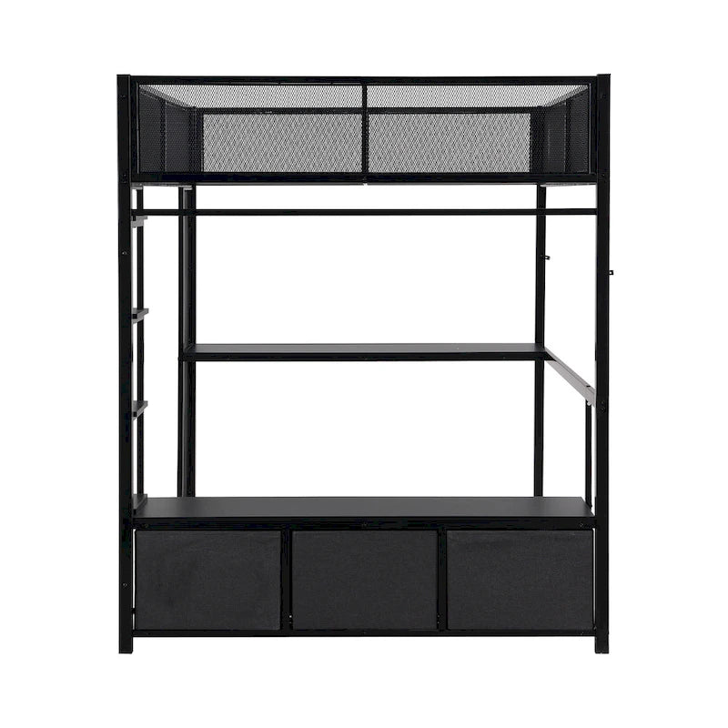 Full Size Metal Gaming Loft Bed with 16-Color LED, Study Desk & 3 Storage Drawers (400lb Capacity)