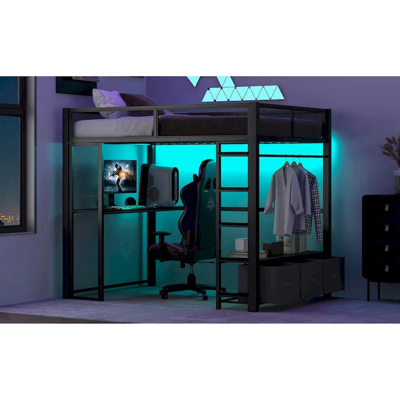 Full Size Metal Gaming Loft Bed with 16-Color LED, Study Desk & 3 Storage Drawers (400lb Capacity)