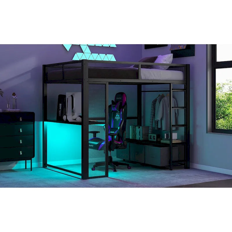 Full Size Metal Gaming Loft Bed with 16-Color LED, Study Desk & 3 Storage Drawers (400lb Capacity)