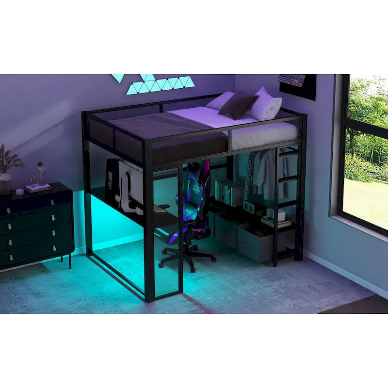 Full Size Metal Gaming Loft Bed with 16-Color LED, Study Desk & 3 Storage Drawers (400lb Capacity)