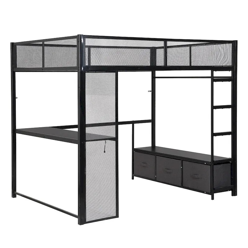 Full Size Metal Gaming Loft Bed with 16-Color LED, Study Desk & 3 Storage Drawers (400lb Capacity)