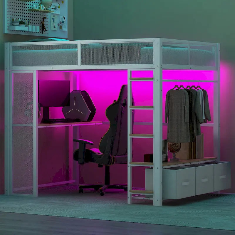 Full Size Metal Gaming Loft Bed with 16-Color LED, Study Desk & 3 Storage Drawers (400lb Capacity)