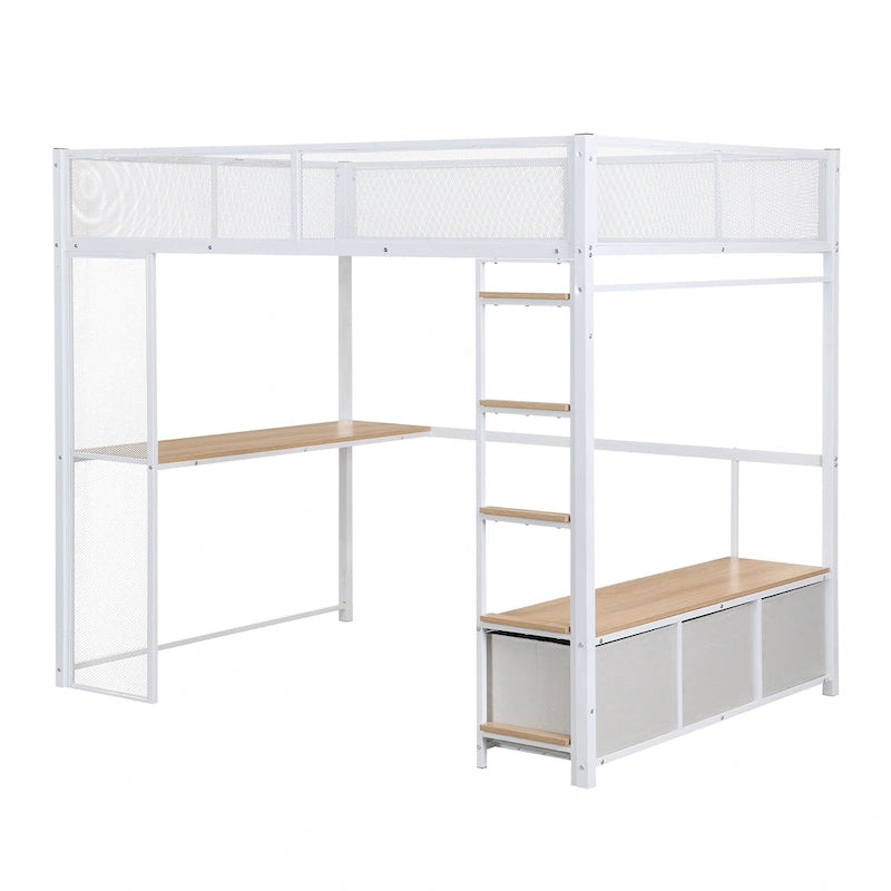 Full Size Metal Gaming Loft Bed with 16-Color LED, Study Desk & 3 Storage Drawers (400lb Capacity)