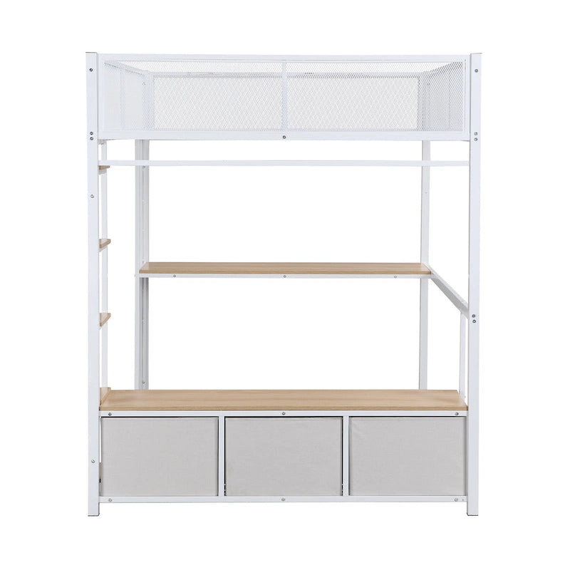 Full Size Metal Gaming Loft Bed with 16-Color LED, Study Desk & 3 Storage Drawers (400lb Capacity)