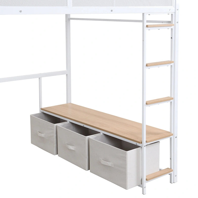 Full Size Metal Gaming Loft Bed with 16-Color LED, Study Desk & 3 Storage Drawers (400lb Capacity)