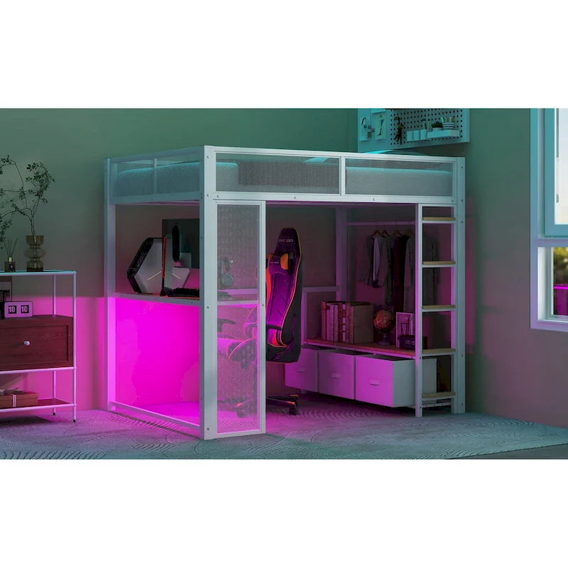 Full Size Metal Gaming Loft Bed with 16-Color LED, Study Desk & 3 Storage Drawers (400lb Capacity)
