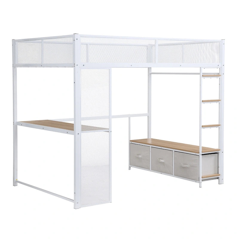 Full Size Metal Gaming Loft Bed with 16-Color LED, Study Desk & 3 Storage Drawers (400lb Capacity)