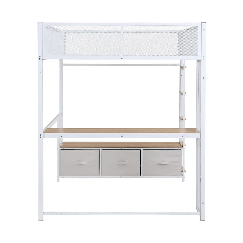 Full Size Metal Gaming Loft Bed with 16-Color LED, Study Desk & 3 Storage Drawers (400lb Capacity)