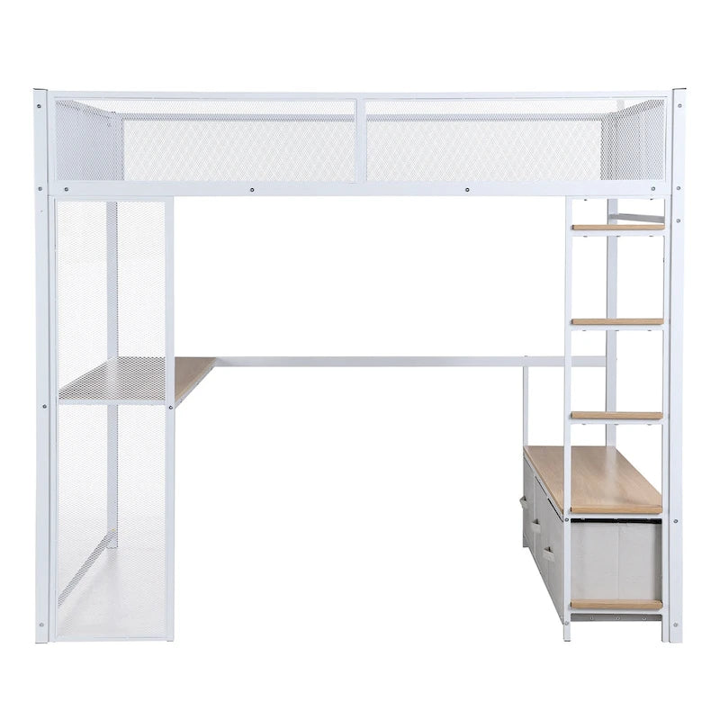 Full Size Metal Gaming Loft Bed with 16-Color LED, Study Desk & 3 Storage Drawers (400lb Capacity)