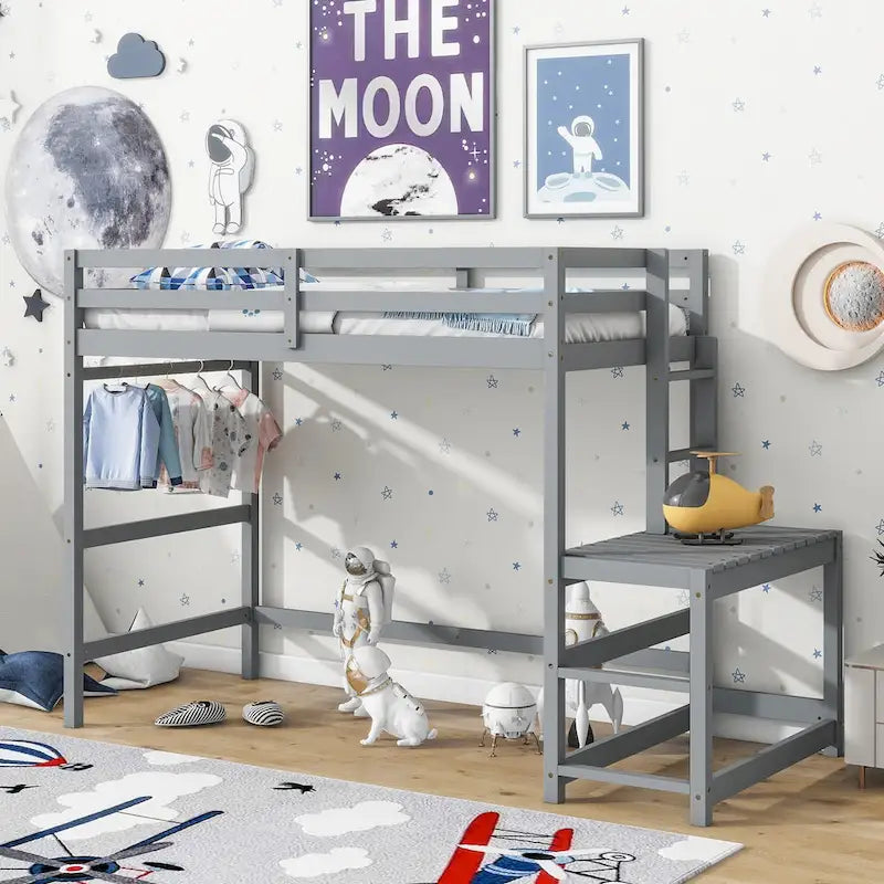 Twin Size Pine Wood High Loft Bed with Ladder
