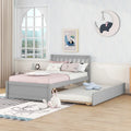 Grey Twin Platform Bed in Walnut Wood with Trundle and Fence Headboard - Modern Space-Saving Design
