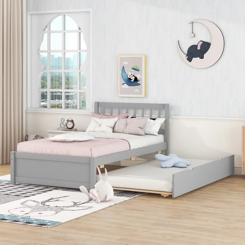 Grey Twin Platform Bed in Walnut Wood with Trundle and Fence Headboard - Modern Space-Saving Design