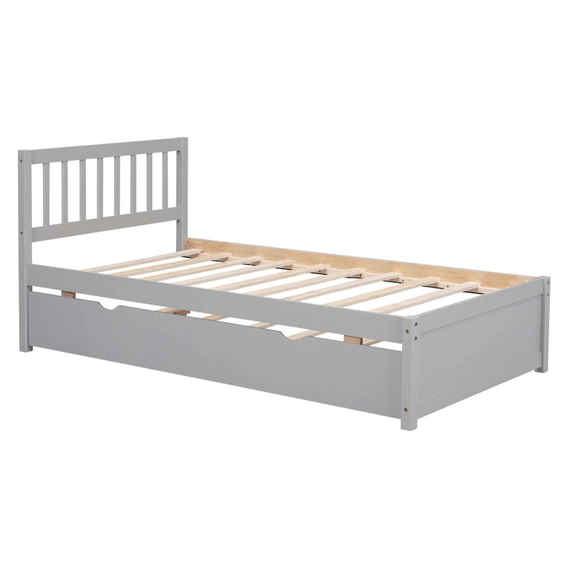 Grey Twin Platform Bed in Walnut Wood with Trundle and Fence Headboard - Modern Space-Saving Design