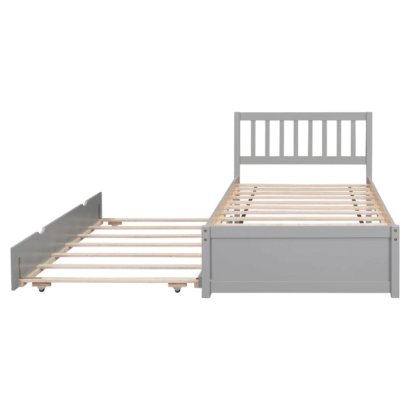 Grey Twin Platform Bed in Walnut Wood with Trundle and Fence Headboard - Modern Space-Saving Design