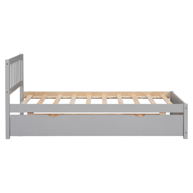 Grey Twin Platform Bed in Walnut Wood with Trundle and Fence Headboard - Modern Space-Saving Design