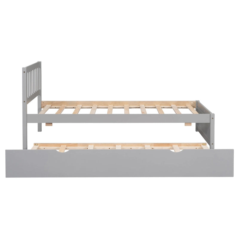 Grey Twin Platform Bed in Walnut Wood with Trundle and Fence Headboard - Modern Space-Saving Design