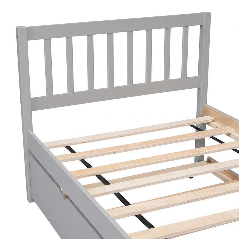Grey Twin Platform Bed in Walnut Wood with Trundle and Fence Headboard - Modern Space-Saving Design