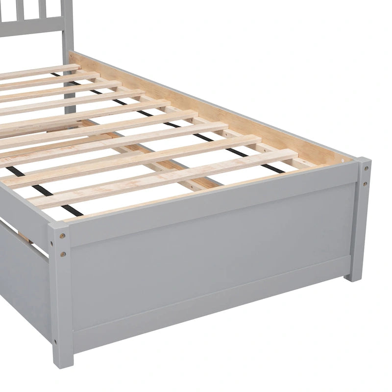 Grey Twin Platform Bed in Walnut Wood with Trundle and Fence Headboard - Modern Space-Saving Design